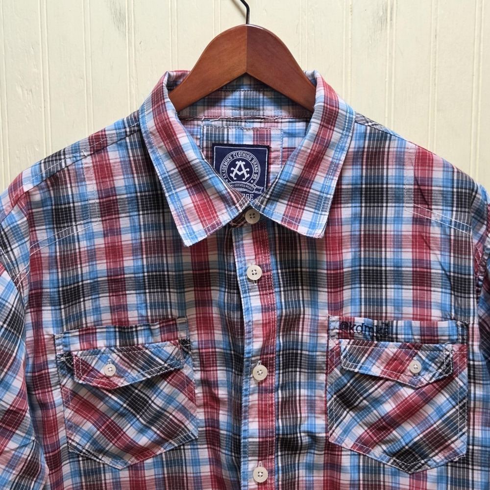 Akademiks Shirt‎ Mens 3XL Red Blue Plaid Short Sleeve Button-Up Casual Pockets
